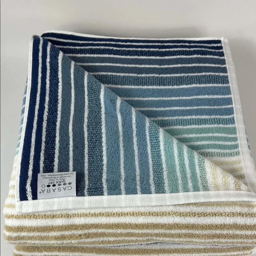 Casaba Bath Towels Tan Blue White Striped Quick Dry Zero Twist Cotton 2 Pc NEW